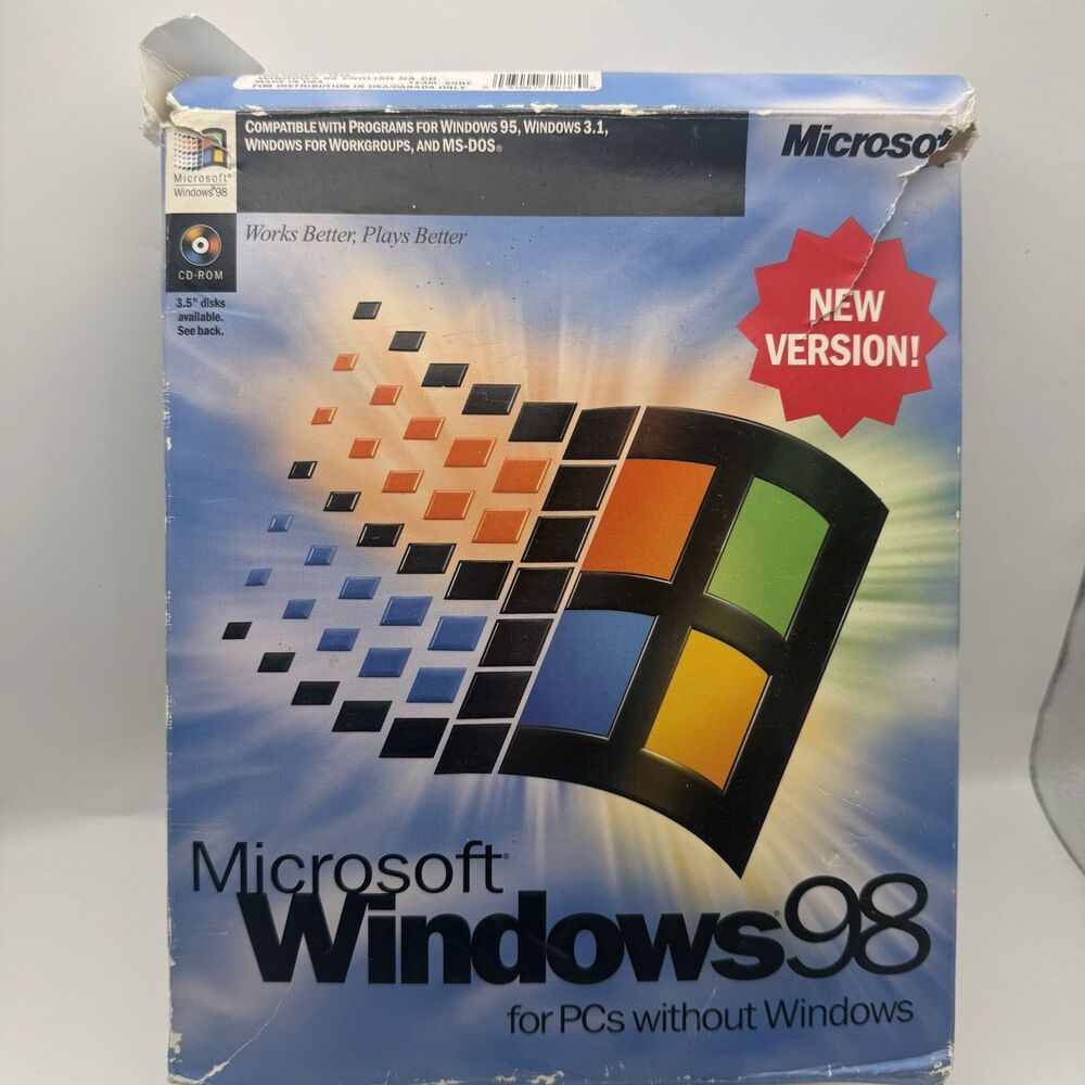 Vintage Microsoft Windows 98 Full Retail Big Box CD Floppy Plus 98 Untested
